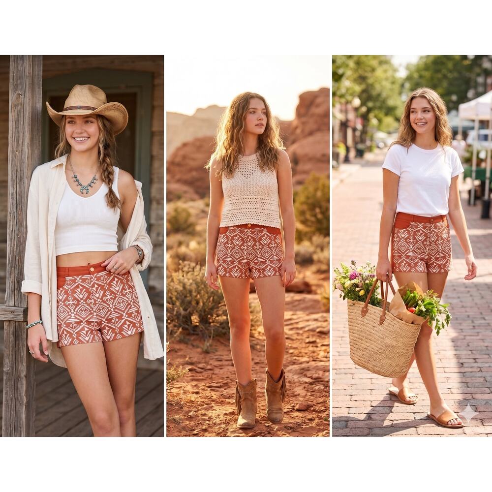 UMGEE Southwest Geometric High Rise Shorts Lrg Rust Orange Boho Coastal Cowgirl